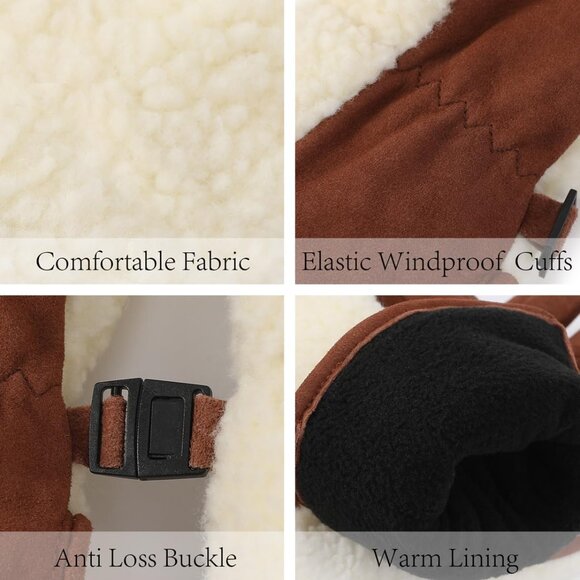 ⚡Women's Beige Genuine Suede Outdoor Mitt Thermal Lined Finger Liners Mitten - Picture 4 of 7